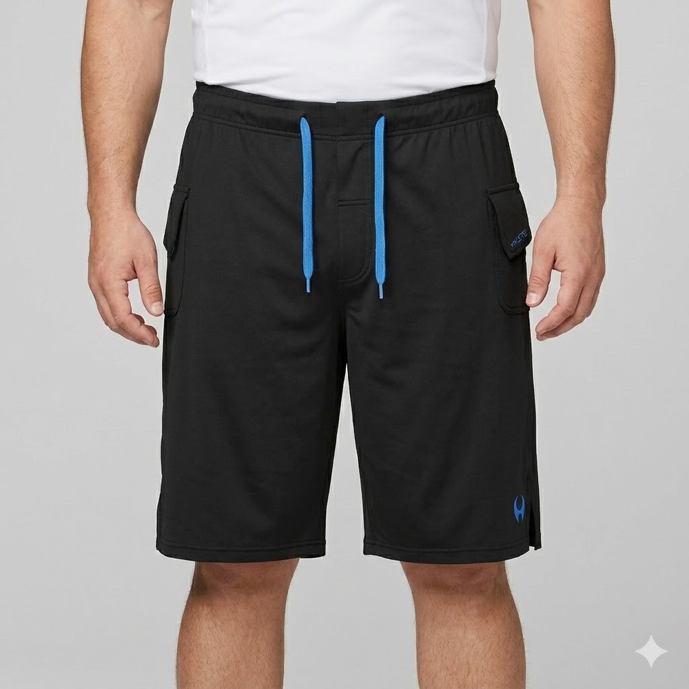 Hylete Athletic Cargo Shorts Mens XXL 2XL Black Blue Gym Running 90% Poly EUC